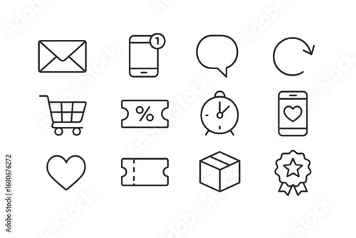 Shopper Re-engagement Icons. Outline icon set of shopper re-engagement: email icon, push notification, chat
