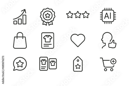 E-commerce Icon Set. Outline icon set of personalized product recommendations: trending item, bestseller badge