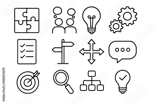 Collaborative Icons Grid. Outline icon set of collaborative problem solving: puzzle pieces, two people