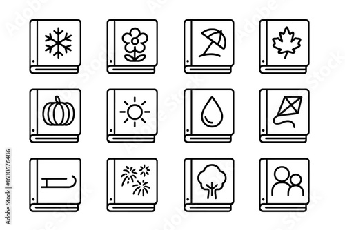 Seasonal Icon Grid. Outline icon set of seasonal photo albums: snowflake, spring flower, beach umbrella,