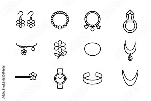 Spring Jewelry Icons. Outline icon set of spring jewelry: flower earrings, pearl necklace, charm bracelet,