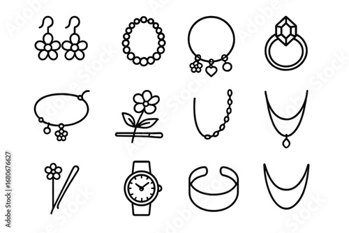 Spring Jewelry Icons. Outline icon set of spring jewelry: flower earrings, pearl necklace, charm bracelet,