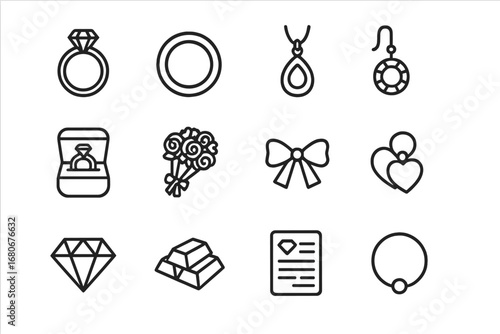 Wedding Jewelry Icons. Outline icon set of wedding jewelry craftsmanship: engagement ring, wedding band,