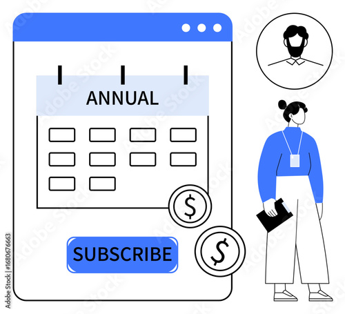 Annual subscription interface featuring a calendar, subscribe button, and dollar icons. A businesswoman stands holding a folder. Ideal for finance, e-commerce, subscriptions, memberships, budgeting