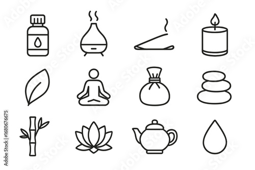Aromatherapy Icon Set. Outline icon set of aromatherapy and wellness: essential oil bottle, diffuser, incense