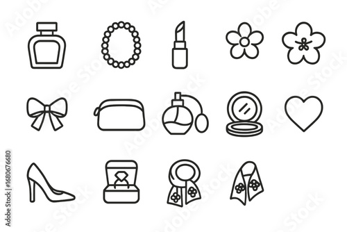 Fragrance Icon Collection. Outline icon set of women’s fragrances: elegant bottle, pearl necklace, lipstick,