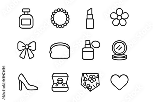 Fragrance Icon Collection. Outline icon set of women’s fragrances: elegant bottle, pearl necklace, lipstick,