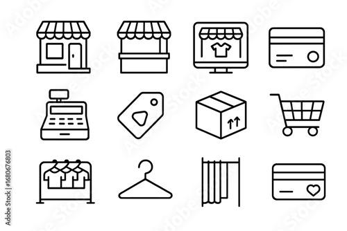 Fashion Market Icons. Outline icon set of global fashion markets: boutique shop, street stall, online store,