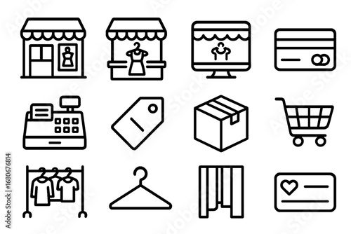 Fashion Market Icons. Outline icon set of global fashion markets: boutique shop, street stall, online store,