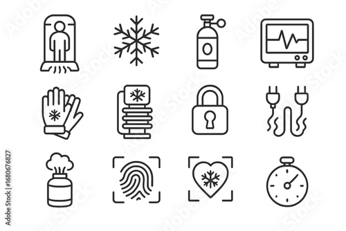 Cryogenic Preservation Icons. Outline icon set of cryogenic preservation technology: cryo chamber, frost