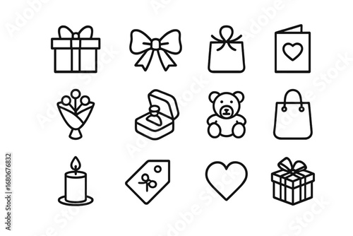 Gift Giving Icons. Outline icon set of gift giving traditions: wrapped box, ribbon bow, gift bag, greeting