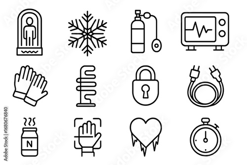 Cryogenic Preservation Icons. Outline icon set of cryogenic preservation technology: cryo chamber, frost
