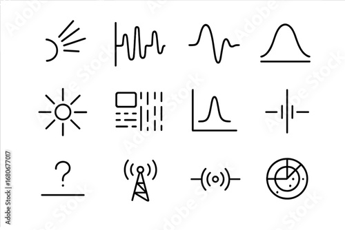 Mystery Signals Icons. Outline icon set of mysterious signals: fast radio burst, repeating pulse, wave