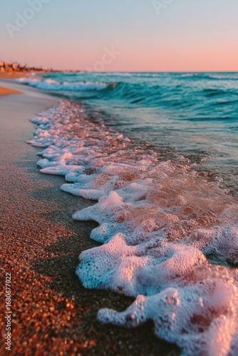 Fototapeta Naklejka Na Ścianę i Meble -  Sunset beach waves, soft foam