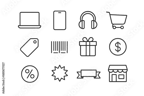 Electronics Sale Icons. Outline icon set of electronics sale flyer: laptop, smartphone, headphones, shopping