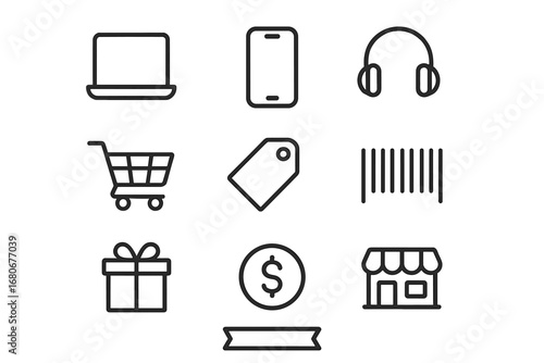 Electronics Sale Icons. Outline icon set of electronics sale flyer: laptop, smartphone, headphones, shopping