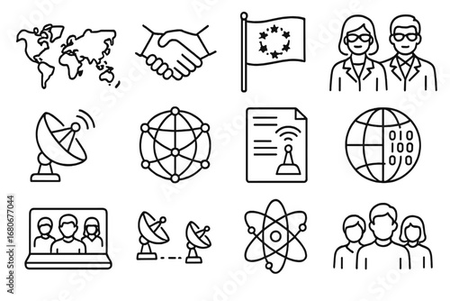 Global SETI Icons. Outline icon set of global SETI collaboration: world map, handshake, international flag,