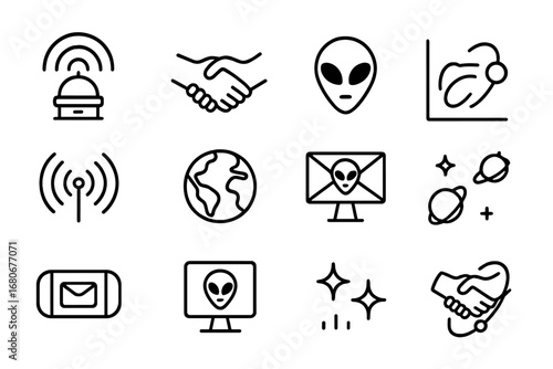 Alien Contact Icons. Outline icon set of future alien contact: glowing beacon, peace handshake, alien symbol,