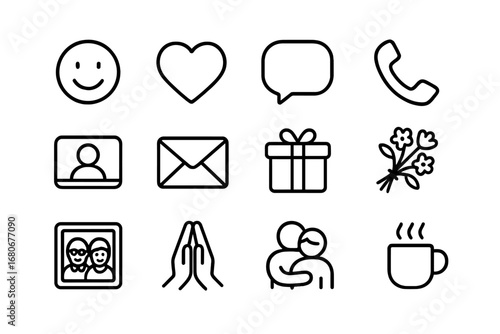 Elderly Support Icons. Outline icon set of emotional support for elderly: smile face, heart, chat bubble,