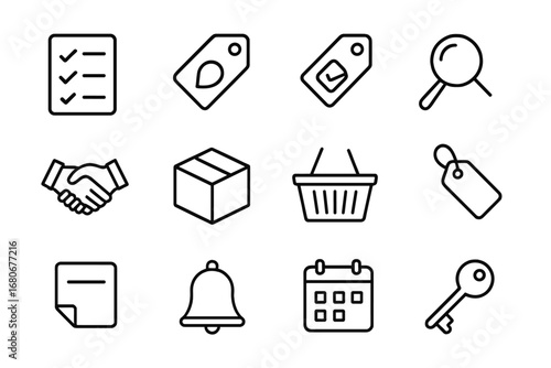 Lost Found Icons Grid. Outline icon set of lost and found routine: checklist, lost tag, found tag, magnifying