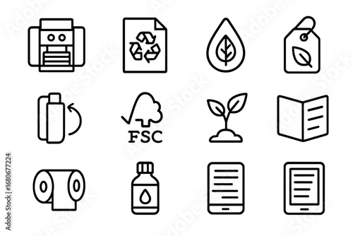 Eco Printing Icons. Outline icon set of print-on-demand eco solutions: printing press, recycled paper, soy ink
