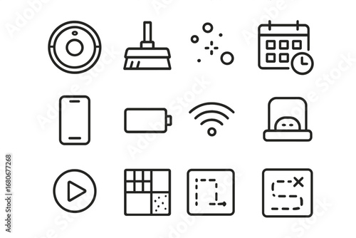 Automated Cleaning Icons. Outline icon set of automated floor cleaning: vacuum cleaner, mop head, dust