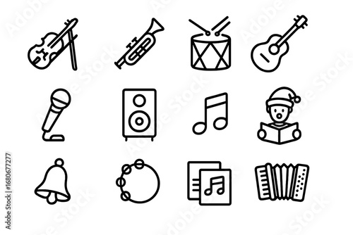 Holiday Music Icons. Outline icon set of holiday music and performances: violin, trumpet, drum, guitar,