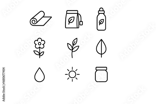 Wellness Icons Grid. Outline icon set of wellness product packaging: yoga mat, herbal tea, eco bottle, flower,