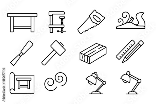 Woodworking Tool Icons. Outline icon set of woodworking workshop: workbench, clamp, saw, planer, carving tool,