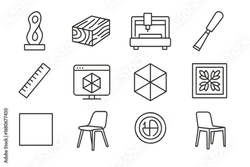 Modern-Tradition Fusion Icons. Outline icon set of fusion of tradition and modernity: abstract sculpture, wood
