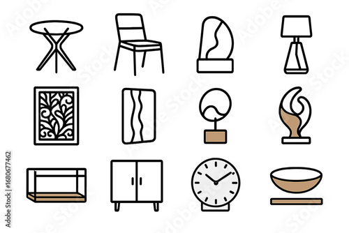 Wood and Metal Icons. Outline icon set of wood and modern materials mix: glass top table, wood and metal chair