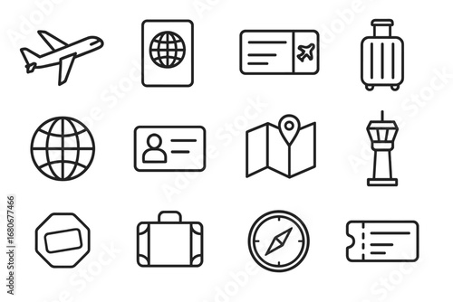 Air Travel Icons. Outline icon set of migration by air: airplane, passport, boarding pass, luggage, globe, ID