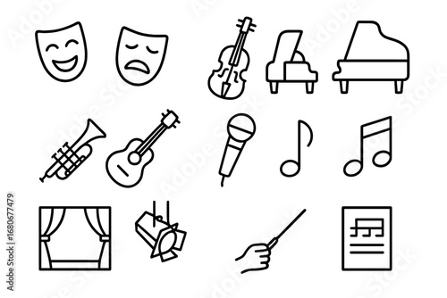 Musical Theater Icon Set. Outline icon set of musical theater: comedy mask, tragedy mask, violin, piano,
