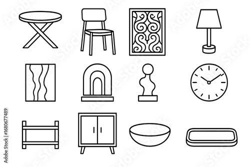 Wood and Metal Icons. Outline icon set of wood and modern materials mix: glass top table, wood and metal chair