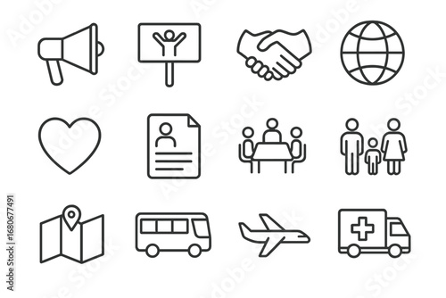 Refugee Advocacy Icons. Outline icon set of refugee advocacy: megaphone, protest sign, handshake, globe, heart
