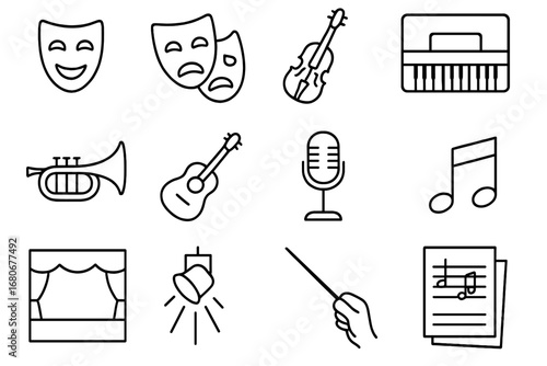 Musical Theater Icon Set. Outline icon set of musical theater: comedy mask, tragedy mask, violin, piano,