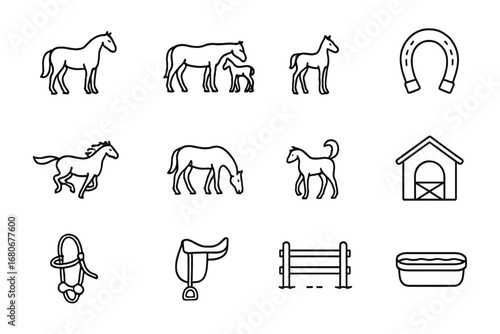 Horse Herd Icons. Outline icon set of horse herd interactions: stallion, mare, foal, horseshoe, gallop,