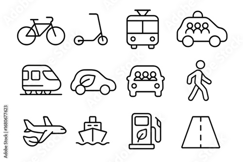 Eco Transport Icons. Outline icon set of eco-friendly transport: bicycle, scooter, bus, tram, train, electric