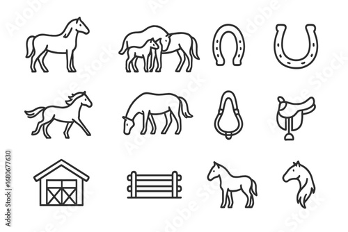 Horse Herd Icons. Outline icon set of horse herd interactions: stallion, mare, foal, horseshoe, gallop,