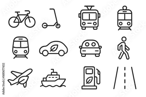 Eco Transport Icons. Outline icon set of eco-friendly transport: bicycle, scooter, bus, tram, train, electric