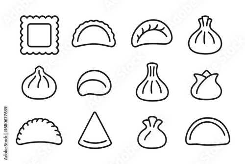 Global Ravioli Icons. Outline icon set of ravioli variations worldwide: Italian ravioli, Polish pierogi,