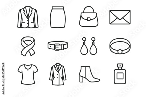 Fashion Icon Grid. Outline icon set of boutique outfit styling: blazer, skirt, handbag, clutch, scarf, belt,