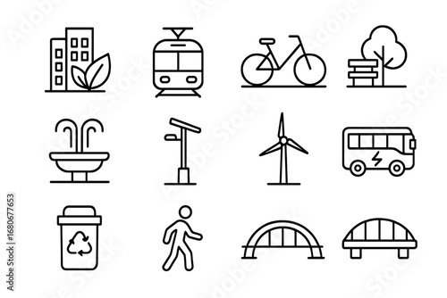 Urban Sustainability Icons. Outline icon set of urban sustainability: green building, tram, bicycle lane, park