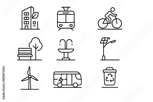 Urban Sustainability Icons. Outline icon set of urban sustainability: green building, tram, bicycle lane, park