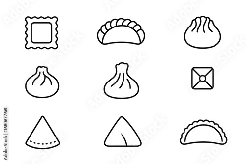 Global Ravioli Icons. Outline icon set of ravioli variations worldwide: Italian ravioli, Polish pierogi,