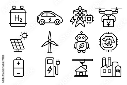 Future Green Tech Icons. Outline icon set of future green technology: hydrogen fuel cell, electric car, smart