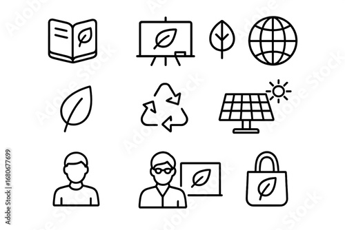 Environmental Education Icons. Outline icon set of environmental education: book, chalkboard, globe, leaf,