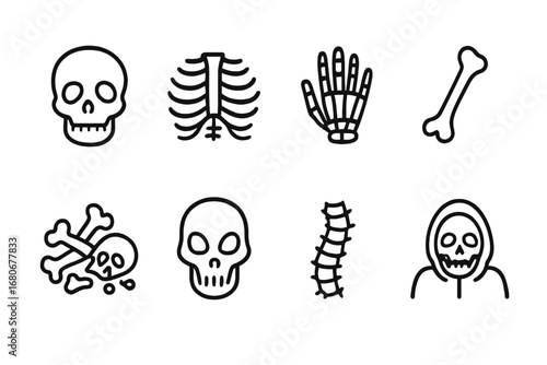 Skeleton Icon Set. Outline icon set of skeletons and bones: skull, rib cage, skeleton hand, femur bone, pile
