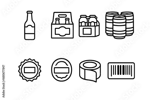 Beer Packaging Icons. Outline icon set of beer packaging: labeled bottle, cardboard box, can holder, keg crate