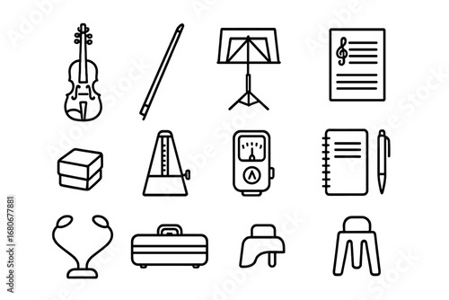 Music Learning Icons. Outline icon set of music learning essentials: violin, bow, music stand, sheet music,